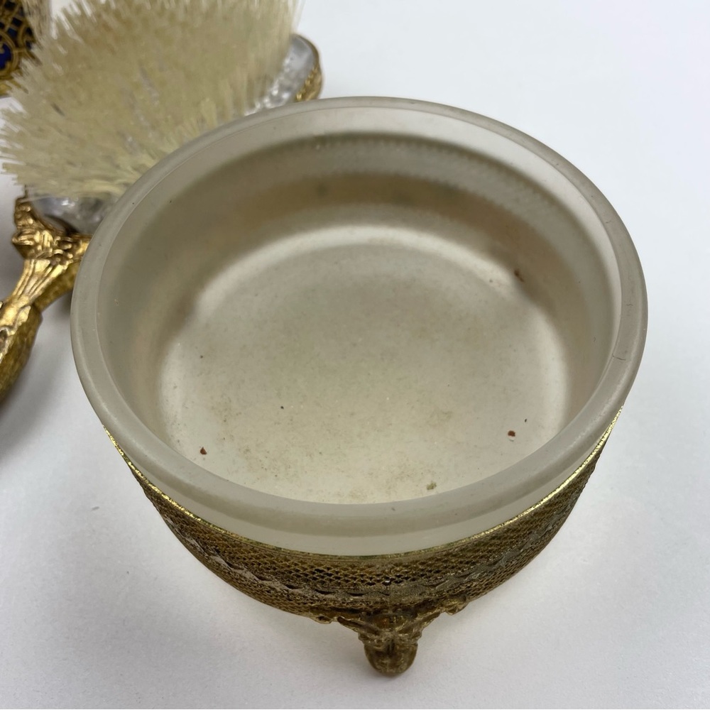 Vintage Filigree 6 Pc Vanity Set Hair Brush Hand Mirror & Perfume Tray Gold Tone - Picture 5 of 12